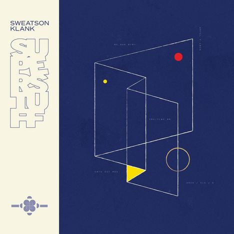 Text: "Sweatson Klank", "Superstix". Abstrakte geometrische Formen mit Linien, Punkten und Kreisen auf blauem Hintergrund.