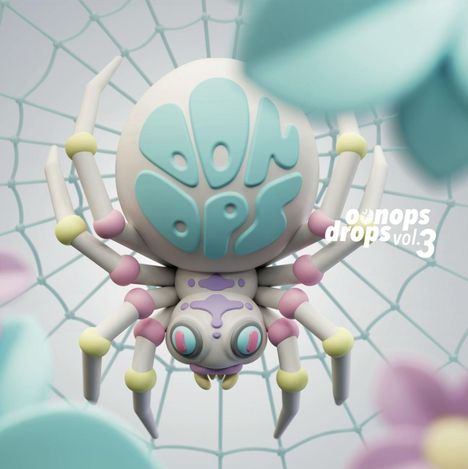 Text: "oonops drops vol. 3". Eine stilisierte, bunte Spinne hängt in einem Netz.