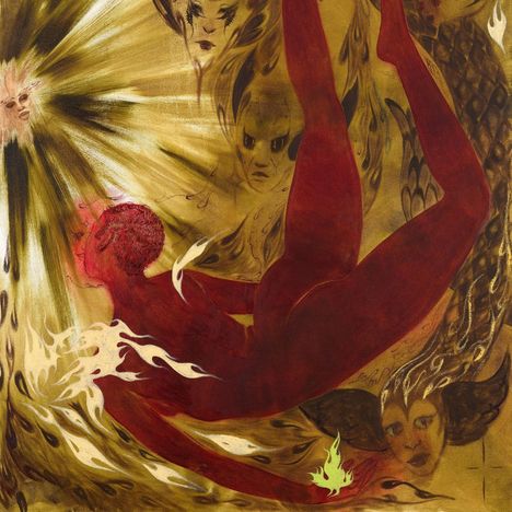 Keine erkennbaren Texte. Eine surreale Illustration zeigt eine rotbraune Figur, umgeben von Gesichtern und Flammen in goldenen Tönen.