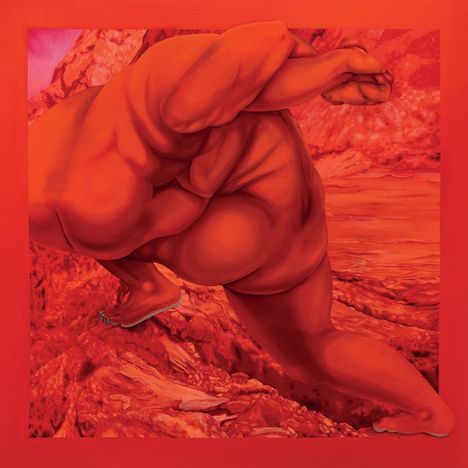 Illustration: Eine dynamische, kräftige, nackte Figur in Rot- und Orangetönen, die durch eine felsige, lebhafte Landschaft schreitet.