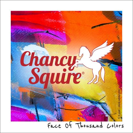 "Chancy Squire" in roter Schrift, darunter ein geflügeltes Pferdelogo. Bunter, abstrakter Hintergrund in kräftigen Farben.