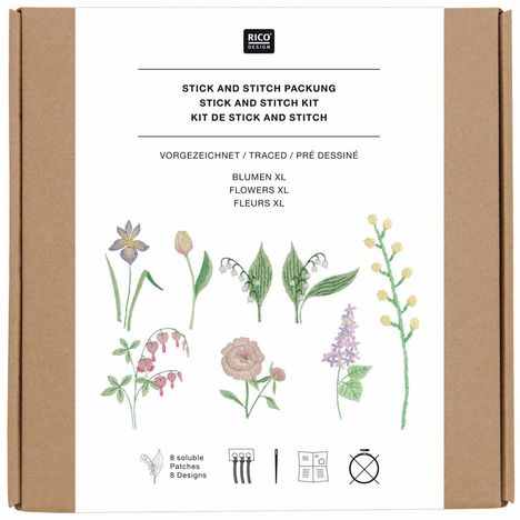 "Stick and Stitch Packung. Vorgedruckt. Blumen XL." Gezeichnete Blumen. Verpackung boxartig.