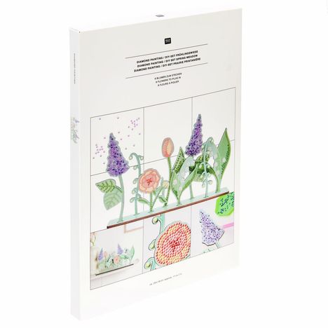 "Diamond Painting / DIY-Set Frühlingswiese" steht oben. Darunter gemalte Blumen in lila und rosa mit grünen Blättern.