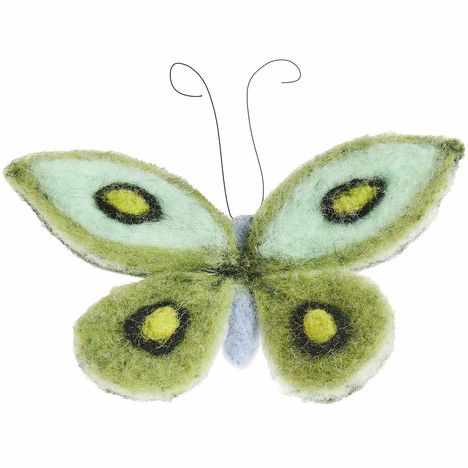 Keine Texte. Ein Filzschmetterling in Grün- und Blautönen, Drahtantennen oben.