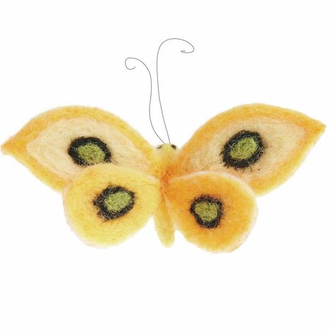 Farbiger Filz-Schmetterling, gelb und orange mit grünen und schwarzen Kreismustern auf den Flügeln.
