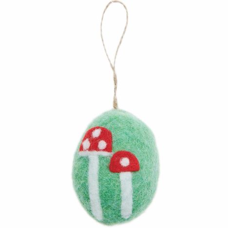 Grüne Filzkugel mit roten Pilzen, weiße Punkte, Schlaufe oben.