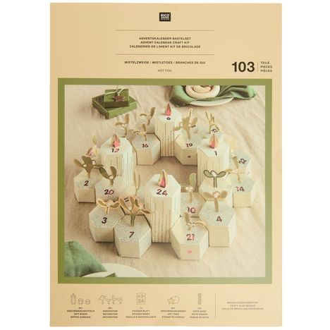 Adventskalender Bastelset mit 103 Teilen. Gezeigt werden 24 nummerierte Boxen mit weihnachtlichen Designs.