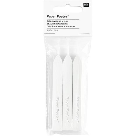 Text: "Paper Poetry*, Siegelwachs Weiss, Sealing Wax White, Cire à Cacheter Blanche, 3 Stk / Pcs".  
Drei weiße Siegelwachsstäbe in Verpackung.