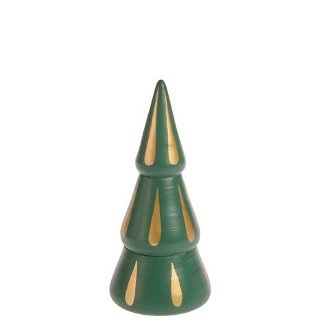 Grüne, konische Skulptur mit goldenen Tropfenmustern, die wie ein stilisierter Baum aussieht.