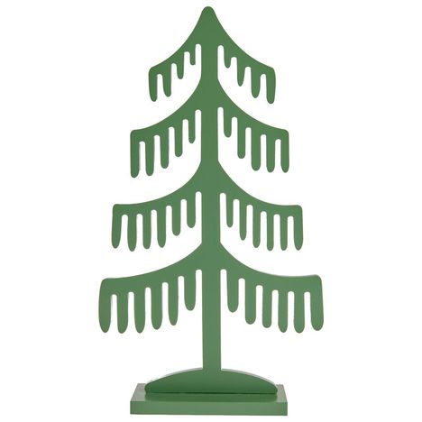 Grüne Tannenbaum-Illustration mit stilisierten, abgerundeten Zweigen auf einem Sockel.