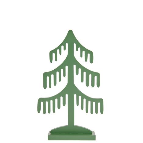 Ein grüner, stilisierter Tannenbaum auf einem Sockel, aus Holz gefertigt.