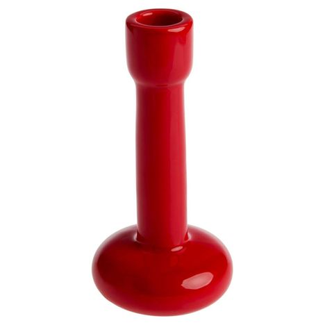 Roter Kerzenhalter mit glatter Oberfläche und breitem Fuß, aus glasiertem Material.