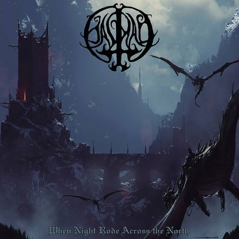 Oben: Künstlerisches Logo. Unten: "When Night Rode Across the North". Szene: Dunkle Burg, Drachen am Himmel, mystisch düster.