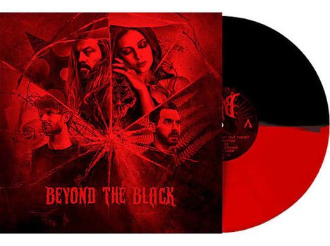 Text: "BEYOND THE BLACK". Rote und schwarze Schallplatte mit Porträts einer Band, verzerrte Linien und Pflanzenmotive.