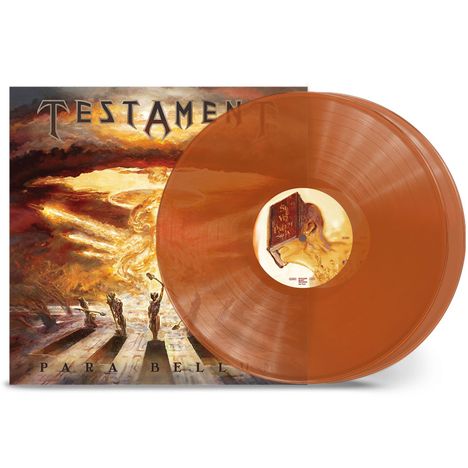 Text: "TESTAMENT, PARA BELLUM".  
Ein dramatisches Gemälde mit orangefarbener Vinyl-Schallplatte.