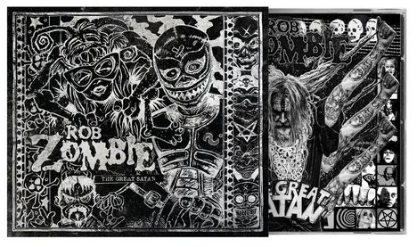 "ROB ZOMBIE" und "THE GREAT SATAN" in verspielter Schrift. Gruseliges Artwork zeigt Monster, maskierte Figuren und ein Gesicht mit langen Haaren.