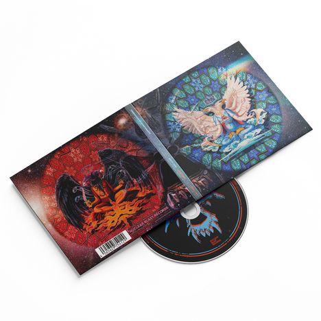 Albumcover mit zwei Illustrationen: Links ein dunkler Engel mit Flammen, rechts ein heller Engel auf Wolken, dazwischen eine CD.