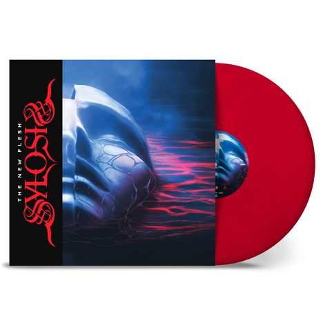 Text: "THE NEW FLESH SYLOSIS." Ein rotes Vinyl neben einem Cover mit futuristischer, dunkler Grafik in Blau und Rot.