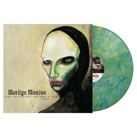 Text: "Marilyn Manson, One Assassination Under God, chapter 2". Eine abstrakte Illustration eines Gesichts, grün-bläuliche Schallplatte.