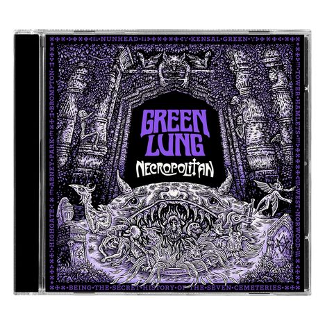 "Green Lung Necropolitan" steht mittig. Umgeben von einem detailliert illustrierten, mystischen Tor und Kreaturen.
