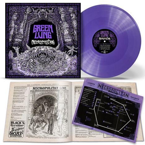 "GREEN LUNG: NECROPOLITAN" auf einem violetten Vinyl und Cover. Illustration eines düsteren, mystischen Szenarios.