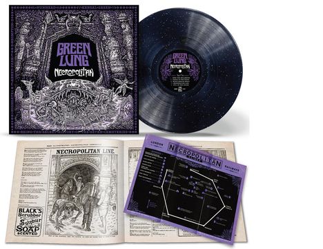 „NECROPOLITAN“, „GREEN LUNG“. Eine schwarze Vinyl-Schallplatte mit Sternmuster, Cover-Artwork und Artikelseite.
