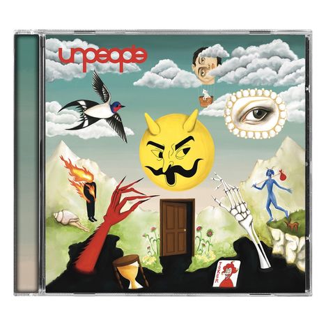 Der Text "unpeople" steht oben. Surrealistische Illustration mit Wolken, gelbem Gesicht mit Hörnern und einem fliegenden Vogel.