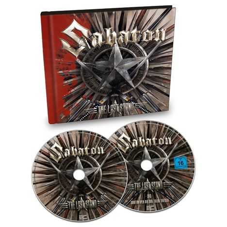Auf rotem Hintergrund steht "Sabaton - The Last Stand". Zwei CDs tragen dasselbe Motiv und Titel, eine mit blauer FSK 16-Plakette.