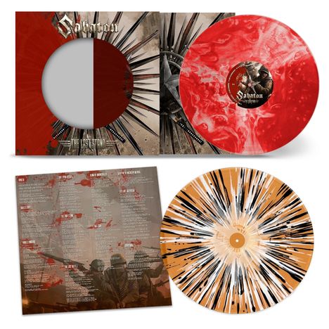 "Sabaton" und "The Last Stand" sind auf einem roten und schwarzen Vinylcover mit strahlenförmigem Muster zu sehen.