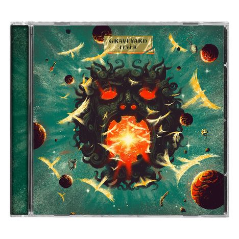 Ein CD-Cover mit der Aufschrift "GRAVEYARD FEVER", zeigt ein leuchtendes Gesicht im Raum mit fliegenden Objekten.