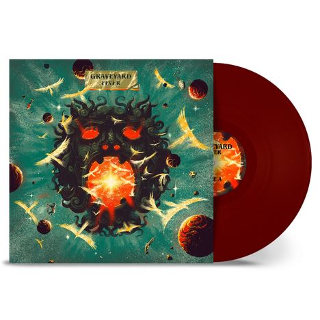 Text: "GRAVEYARD FEVER". Illustration: Maskenähnliches Gesicht inmitten von Planeten und leuchtenden Elementen, rote Vinyl-Schallplatte.