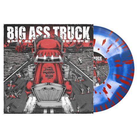 Titel: "BIG ASS TRUCK" über einem roten Lastwagen, umgeben von kleinen Figuren. Schallplatte in Blau mit roten Spritzern.
