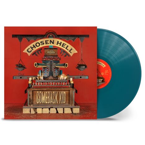 "Chosen Hell" von Comeback Kid in gelber Schrift auf rotem Hintergrund. Kunst mit Kerzen, Gesichtern und einem blauen Vinyl.