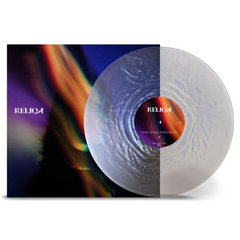 RELICA, HIGH RISK THOUGHTS. Eine Vinyl-Schallplatte mit buntem, abstraktem Hintergrund und transparentem Design.