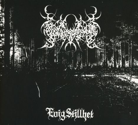 Schriftzug "Evig Skirhet" unten, kunstvolles Logo darüber, dahinter ein schwarz-weißes Waldmotiv.