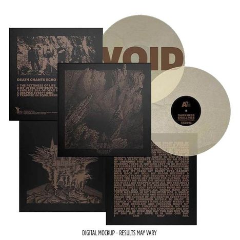 Texte: "VOID", "Death Chants Echo", "The Pettiness of Life". Illustration von Landschaften und Schallplatten in Braun- und Beigetönen.