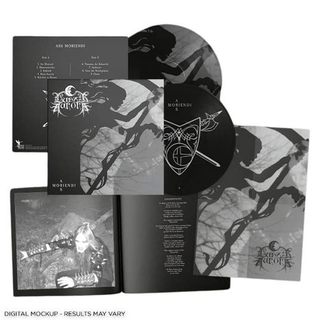 Texte: "ARS MORIENDI", "A MORIENDI", "DIGITAL MOCKUP - RESULTS MAY VARY". Cover: Dunkle, abstrakte Illustrationen.