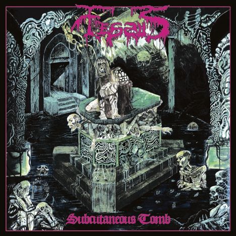 Text: "Subterranean Tomb". 
Illustration eines dunklen, unheimlichen Grabmals mit Skeletten und gruseliger Atmosphäre.