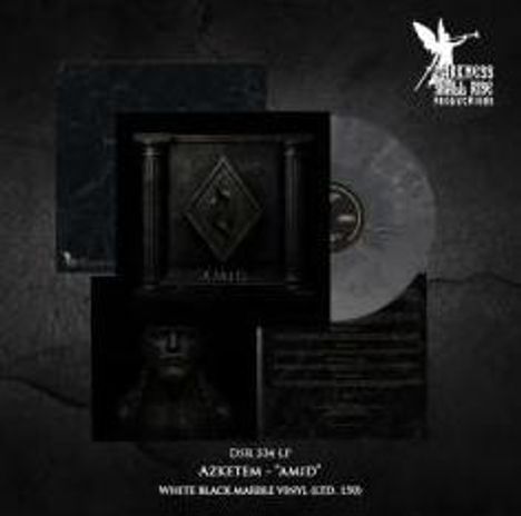 Logo: Oben rechts eine weiße Engelsfigur. Text: "DOR 334 LP AZKETEM 'AIHD' WHITE BLACK MARBLE VINYL LTD. 150".