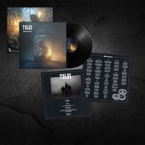Texte: Tulus - Fandens Kall. Schwarze Vinyl-Schallplatte mit Cover, ein düsteres Bild von einem Fötus in einem Glas.