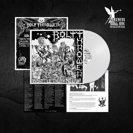 "Bolt Thrower" und "In Battle There Is No Law" stehen auf einem Schallplattencover mit schwarz-weißer, illustrativer Grafik.