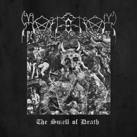 Text: "The Smell of Death." Oben ein komplexes Logo. Darunter ein düsteres, chaotisches Gemälde mit einer dämonischen Figur.