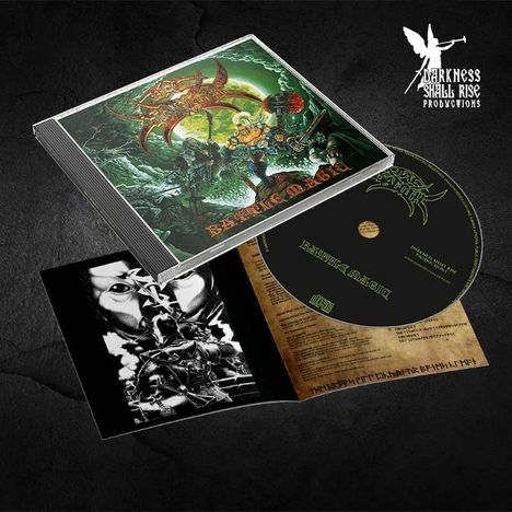 "Barbaric Magic" steht auf einem Albumcover. Eine fantasievolle Krieger-Szene dominiert das Cover. Links ist ein Booklet.