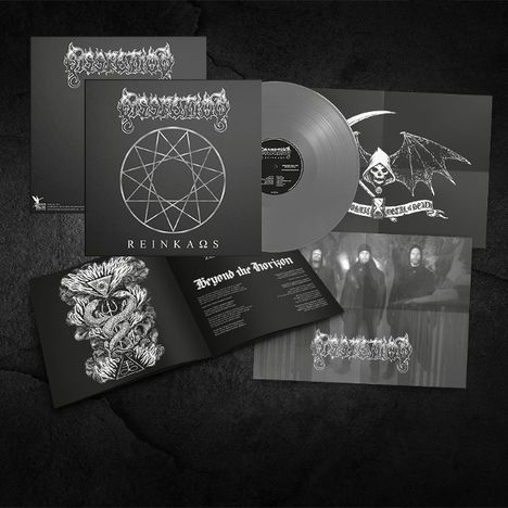 "Reinkaos" und "Beyond the Horizon" Text auf schwarzem Albumcover mit geometrischem Symbol, Schallplatte und Booklet.