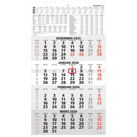 4-Monatskalender rot 2026 - 33x45 - mit Kopftafel - Datumsschieber- 959-0011-1, Kalender