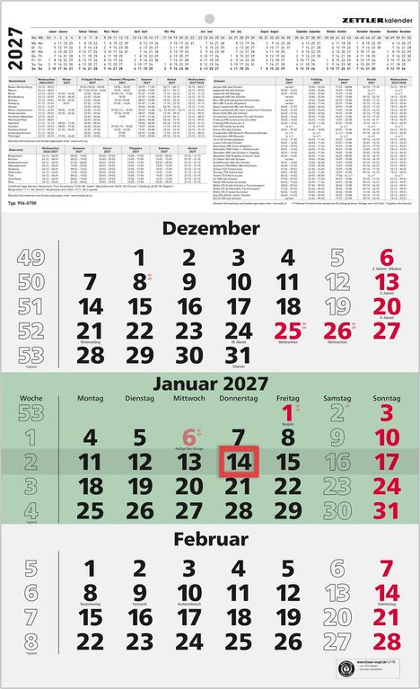 Kalenderblatt: Dezember 2026 bis Februar 2027, Tage und Wochen farblich markiert. Feiertage: Nikolaus, Weihnachten.