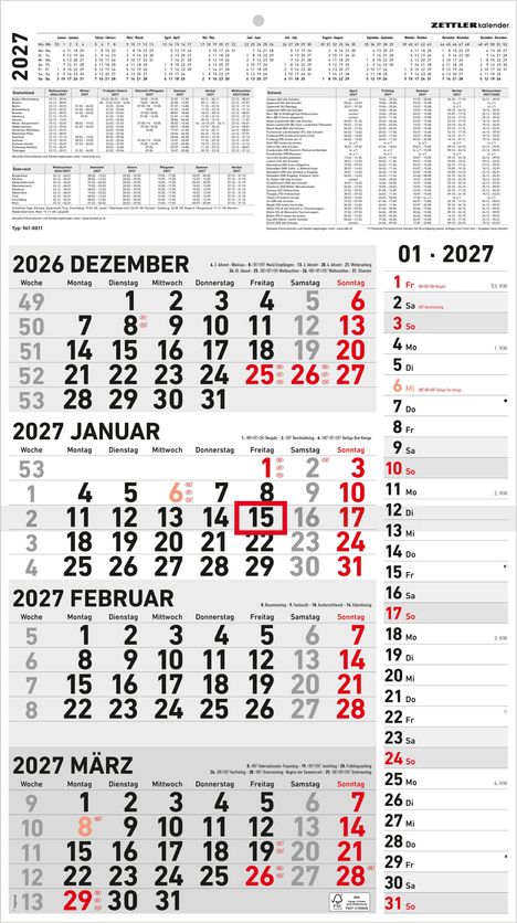 Kalender für 2027, beginnend mit Dezember 2026. Feiertage und Kalenderwochen sind markiert. ZETTLER-Logo oben rechts.