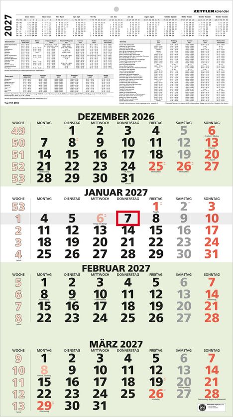 Kalenderseite mit Monaten Dezember 2026 bis März 2027. Tage in Schwarz und Rot. Woche 53, 7. Januar 2027 markiert.