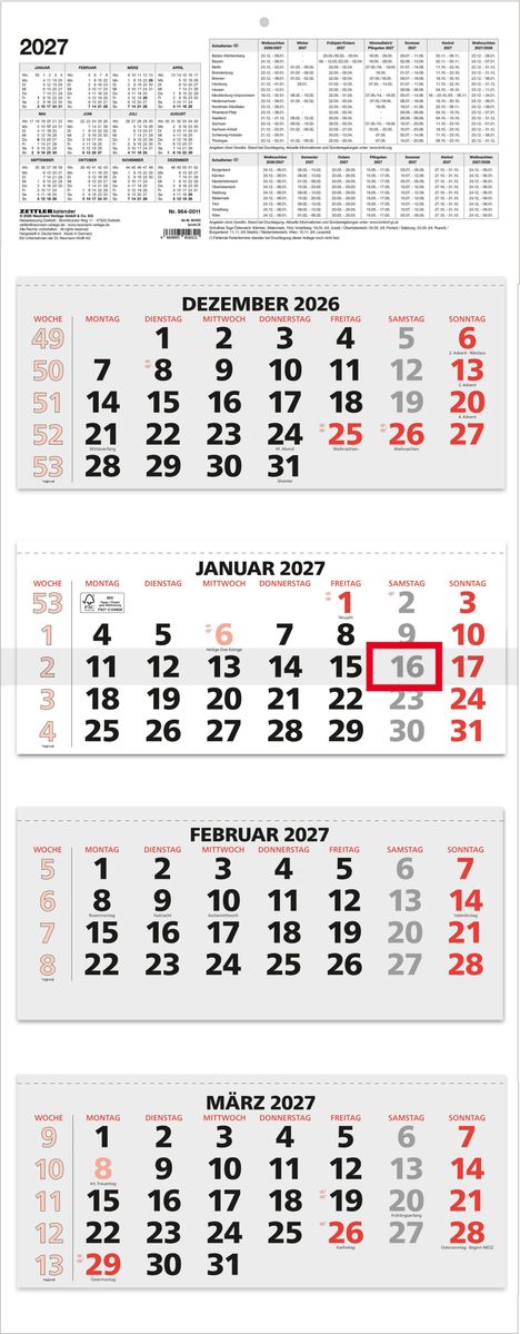 Jahresübersicht 2027 und Monatskalender für Dezember 2026 bis März 2027 mit Wochenzahlen und Feiertagen.