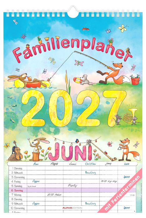 Familienplaner 2027, Juni. Illustration mit Tieren, die musizieren und entspannen. Tabelle mit Wochentagen und Terminen.